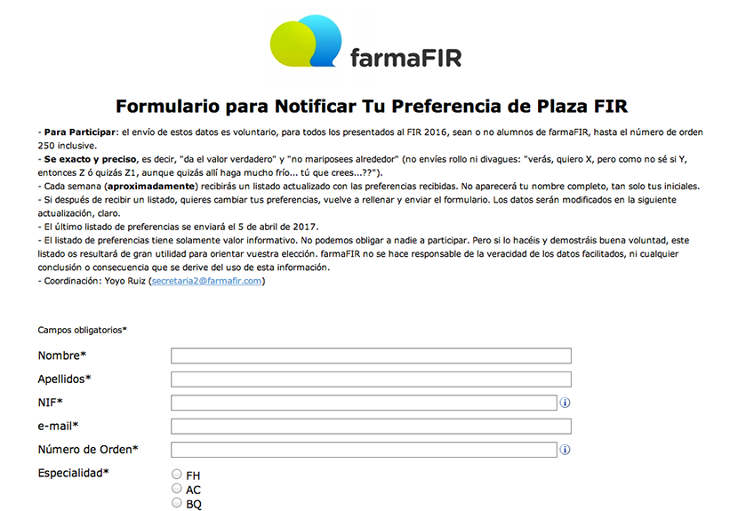 Formulario Preferencia PlazaFIR
